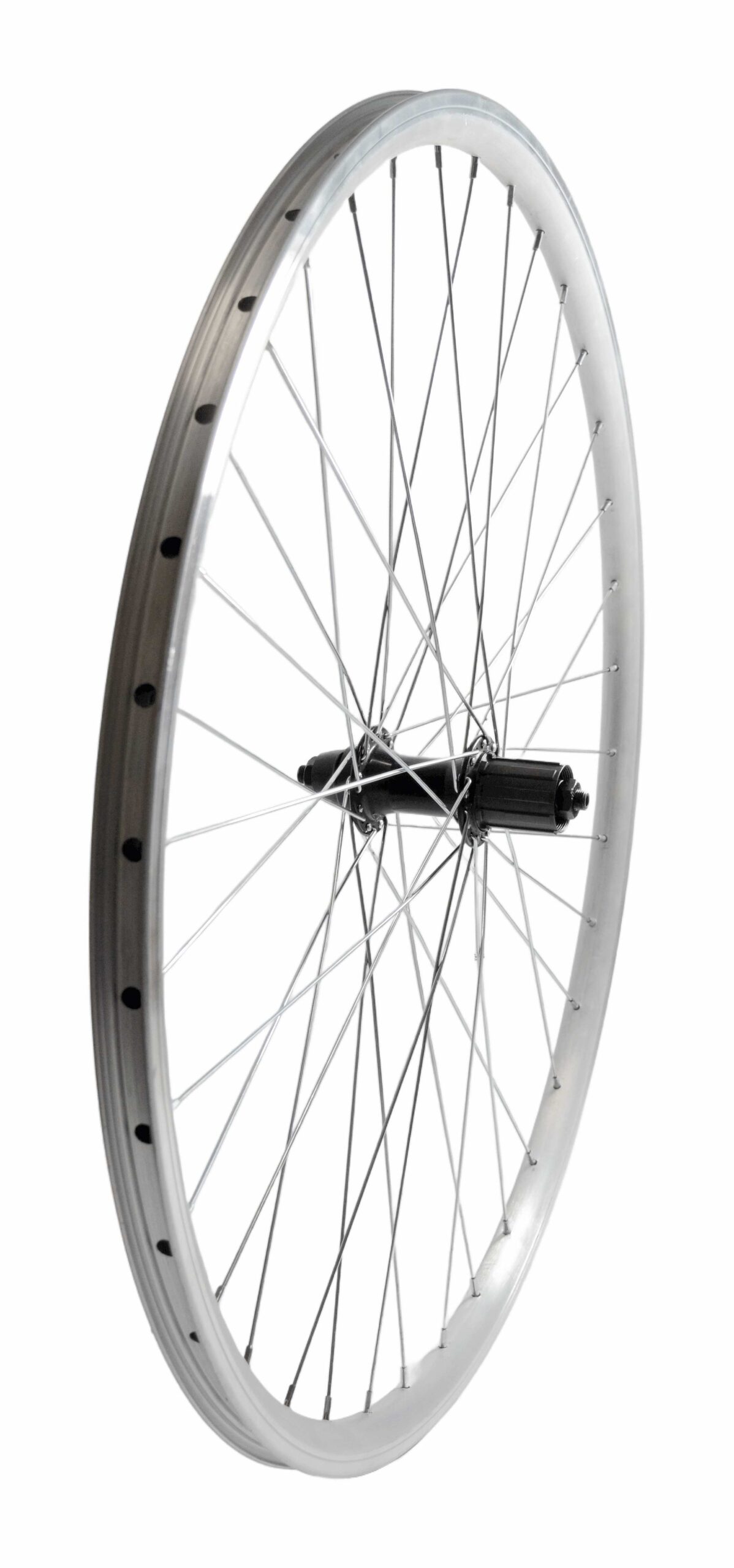 KOŁO TYLNE BIKELAND – OBRĘCZ STOŻEK 30mm, PIASTA KASETA 8/9 RZĘDOWA – srebrny, 28″