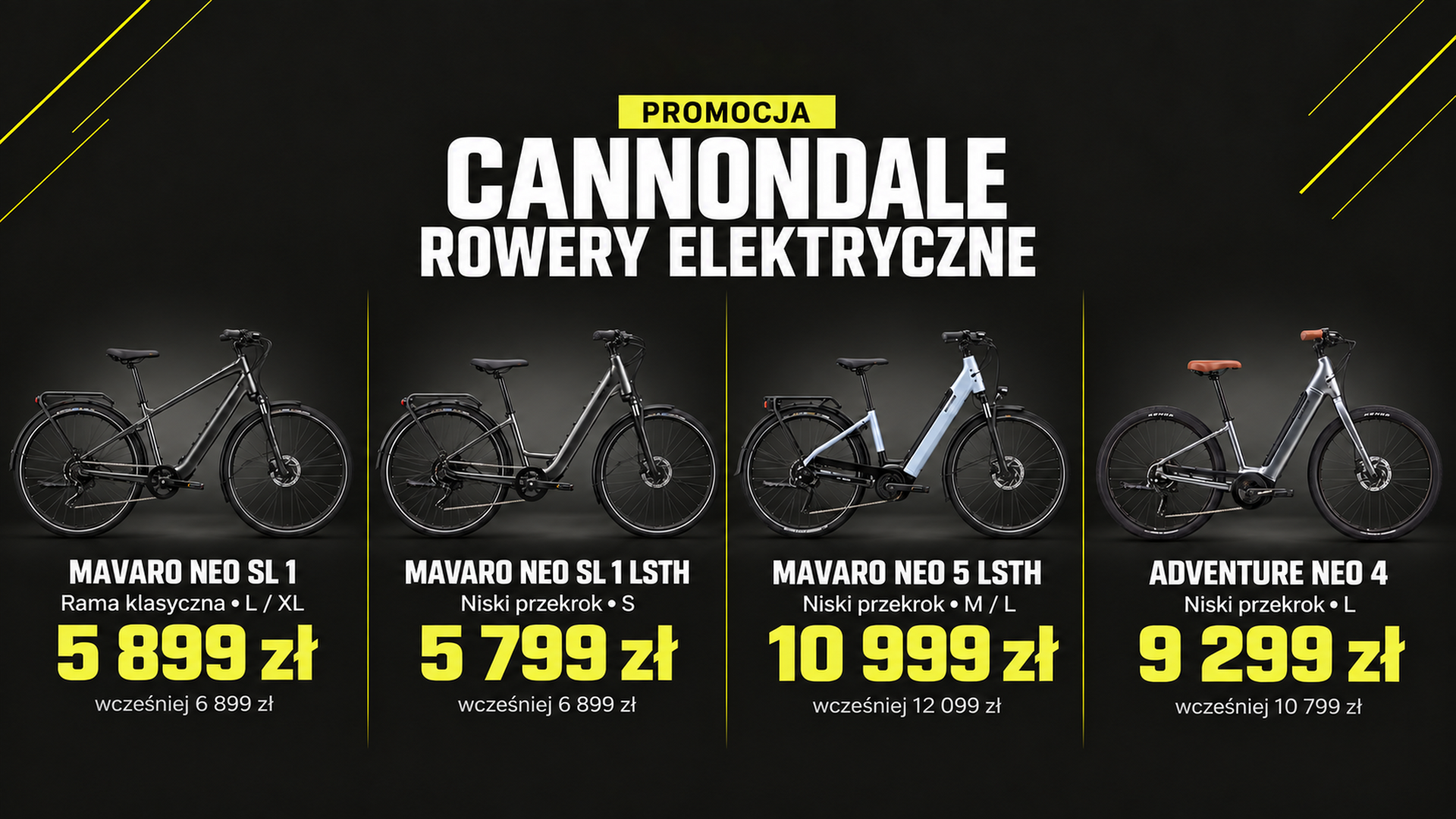 Rowery elektryczne Cannondale Mavaro Neo SL 1, Mavaro Neo 5 LSTH i Adventure Neo 4 z cenami promocyjnymi w PELETON.