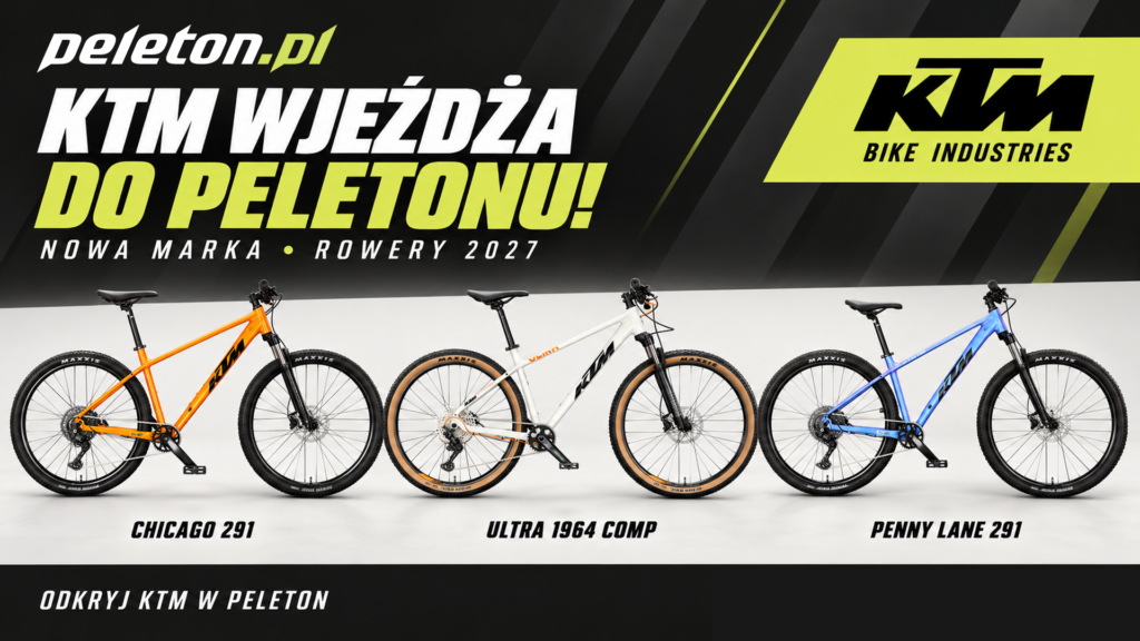 Rowery KTM 2027 w PELETON: pomarańczowy Chicago 291, biały Ultra 1964 Comp i niebiesko-fioletowy Penny Lane 291.