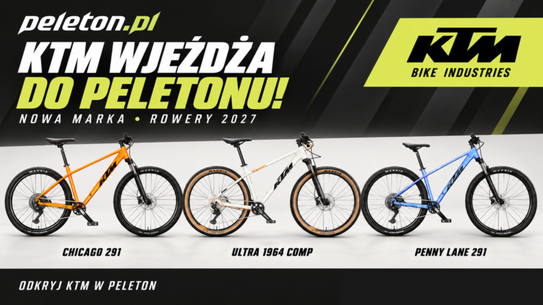 Rowery KTM 2027 w PELETON: pomarańczowy Chicago 291, biały Ultra 1964 Comp i niebiesko-fioletowy Penny Lane 291.