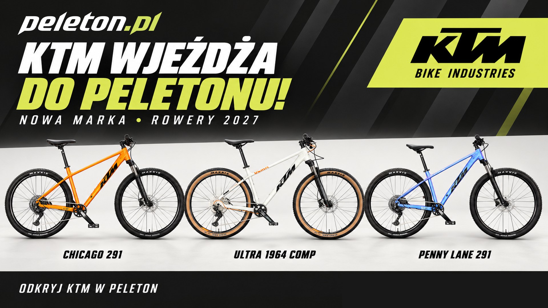 Rowery KTM 2027 w PELETON: pomarańczowy Chicago 291, biały Ultra 1964 Comp i niebiesko-fioletowy Penny Lane 291.